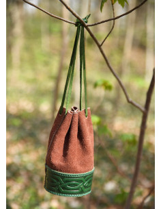 Bolsa limosnera medieval en marrón-verde repujado 2