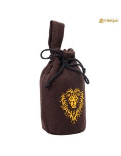 Middeleeuwse lommertas van wol met leeuwendesign, bruin