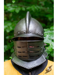 Borgoñota-Helm mit Visier aus schwarzem Stahl