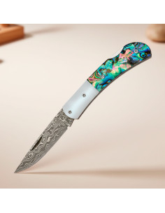 Albainox lom med perlemorska håndtag og damaskusstålblad...