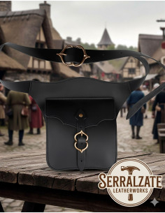 Medieval skuldertaske til rejsende i læder, sort