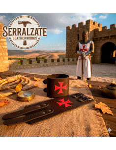 Pulsera cruz templaria con 2 correas - negra