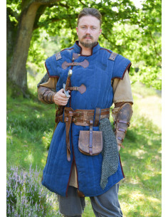 Mittelalterlicher blauer-brauner Gambeson mit abgenutztem...