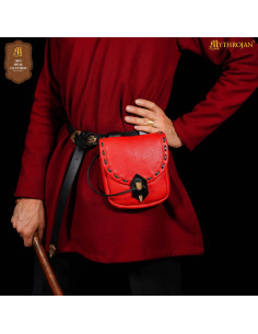 Bolso medieval en cuero con cierre de hueso, color rojo