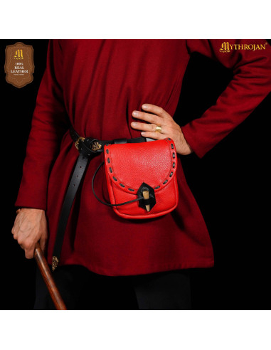 Bolso medieval en cuero con cierre de hueso, color rojo