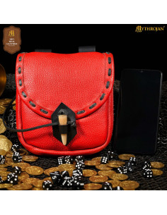 Bolso medieval en cuero con cierre de hueso, color rojo 2