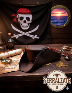 Zwartbruine leren driekhoekige piratenhoed