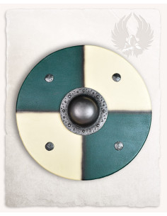 Rundes Wikinger-Schild im LARP-Modell Rorrik, grün-weiß