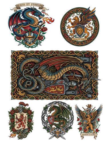 Temporales Tattoo Thema Mittelalter, in Farbe