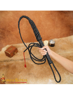 Middeleeuwse leren zweep, handgevlochten, zwart, 242 cm. 2