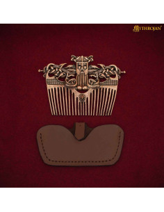 Peine vikingo en bronce con funda cuero, acabado envejecido 2