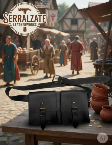 Bolso de cinturón medieval DuoPouch en cuero negro