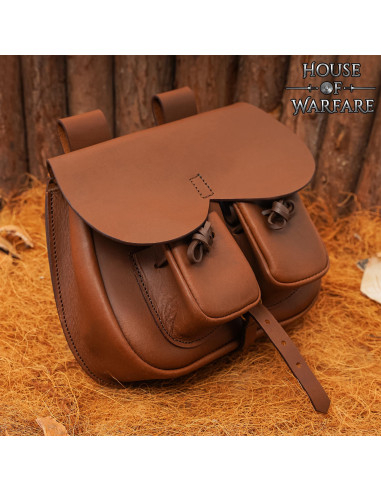 Bolso medieval cuero marrón con bolsillos, para cinturones