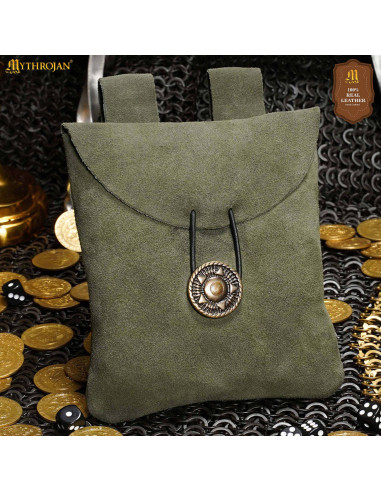 Bolso riñonera medieval piel de gamuza, color verde oscuro