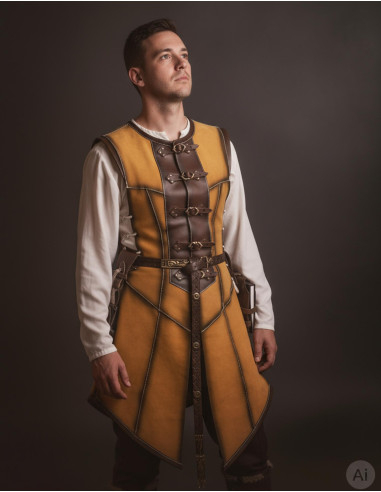 Cuera medieval larga para hombre, serraje amarillo