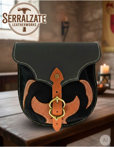 Mittelalterliche schwarze Ledertasche mit braunen Applikationen für Gürtel