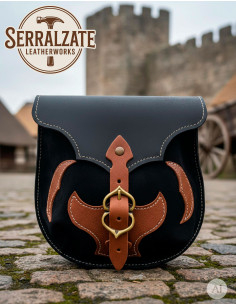 Bolso medieval en cuero negro apliques marrónes para... 2