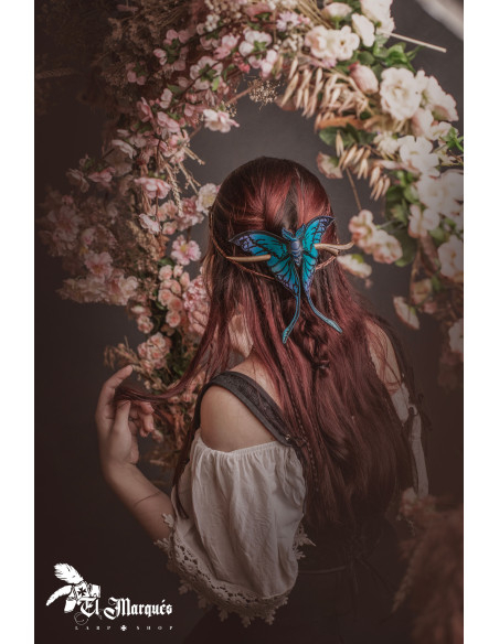 Midnatsblå læder sommerfugle hårspænde