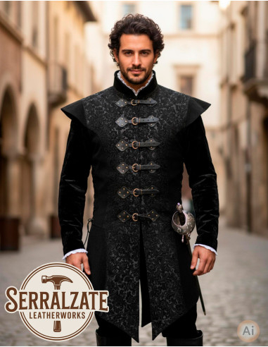 Lange renaissance-vest van echt zwart leer
