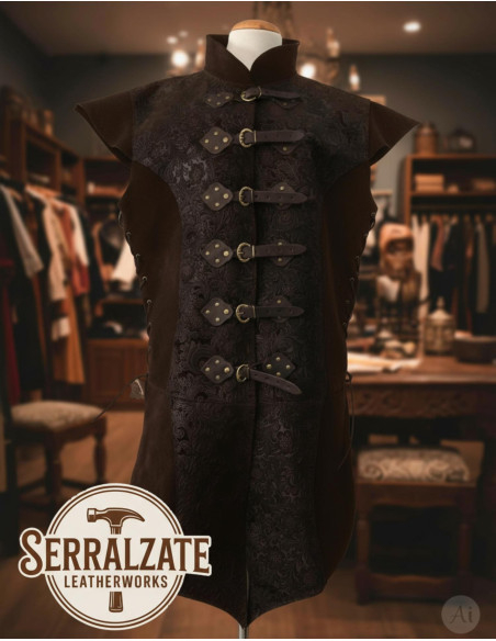 Lang renæssancevest i ægte brunt læder