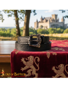 Vikingebælte i sorte læder med prægning, antik messingspænde 2