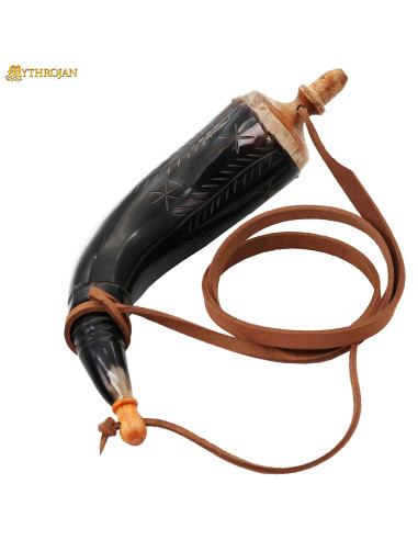 Polvorera medieval de cuerno negro auténtico con correa (36 cm.)