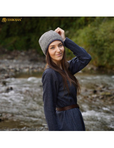 Gorro medieval nórdico en lana modelo Naalbinding, gris-azul
