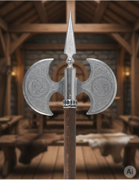 Hacha rústica doble pala grabada, 61...