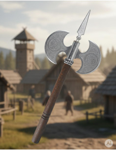 Gravierte doppelseitige rustikale Axt, 61 cm.