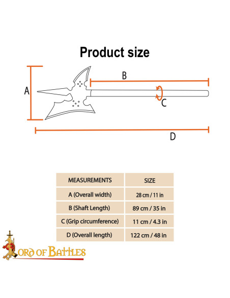Hacha de asta medieval forjada, acero...