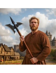 Alabarda de guerra medieval forjada, madera maciza