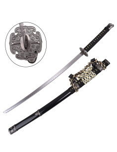 Katana decorativa Tradicional Japonesa negra, detalles plata