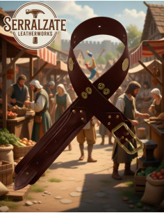 Cinturón ancho medieval piel marrón oscura, hebilla dorada