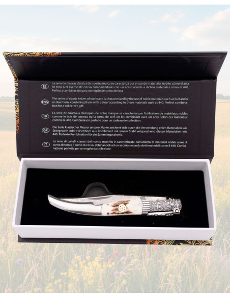 Damastmesser mit Geweihgriff,...