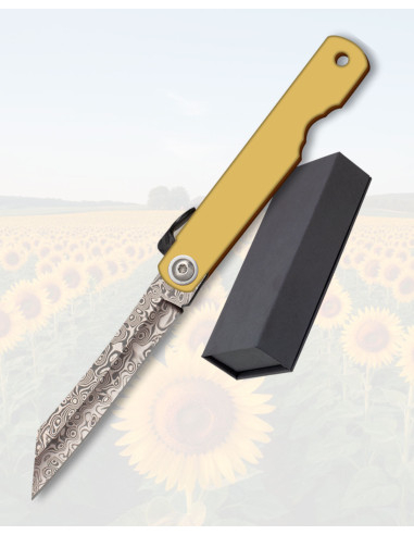 Albainox foldekniv med damaskblad og 67 lag, messinghåndtag