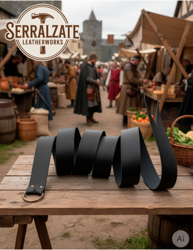 Ægte middelalder læderbælte med ring, sort