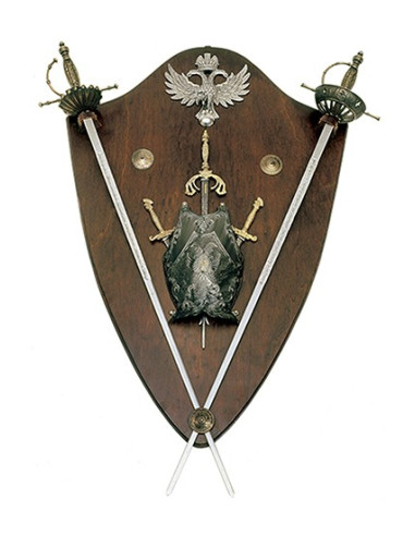 Mittelalterliche Rüstung mit Adlern und Schwertern (102 x 70 cm).