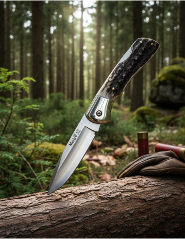 Låsekniv med blokering og håndtag af hjortetak