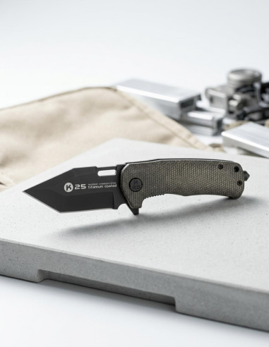 Taktisk K25 kniv med Tanto klinge og sort mikarta håndtag