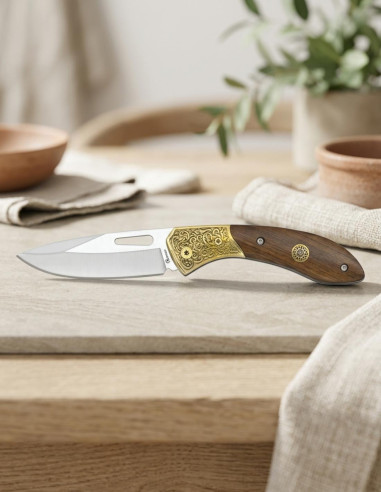 Albainox feltkniv med udskåret klinge og dekoreret hylster