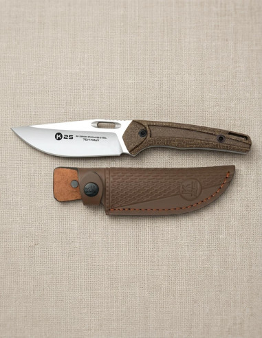 Cuchillo táctico K25 Mikarta color caramelo, con funda