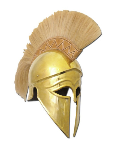 Casco griego corintio dorado con penacho