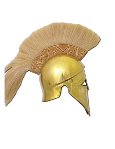 Casco griego corintio dorado con penacho