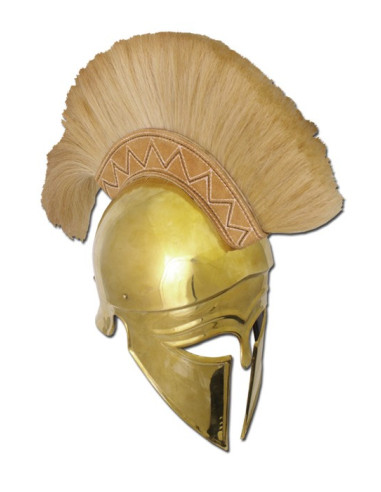 Casco griego corintio dorado con penacho