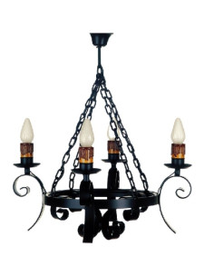 Mittelalterliche Schmiedeeisenlampe mit Ketten, 4 Glühbirnen