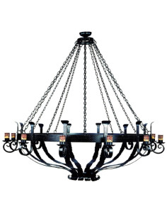 Lámpara forja rueda de madera, 6 luces