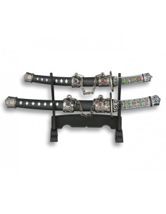 Set 2 decoratieve mini katana's met steun