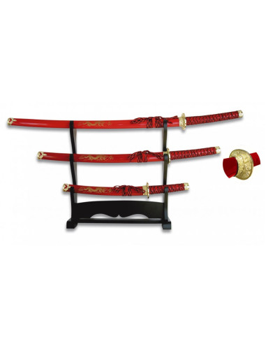 Katana, Wakizashi y Tanto rojo con stand lacado en negro