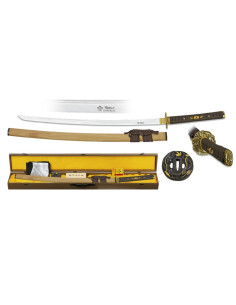 Katana hoja acero Damasco con caja, funda, kit de limpieza y tsubas