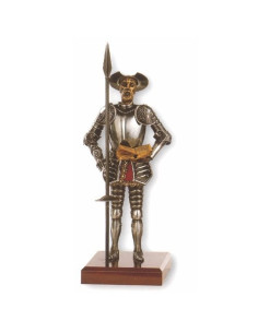 Don Quichot miniatuur met speer en boek, 24 cm.